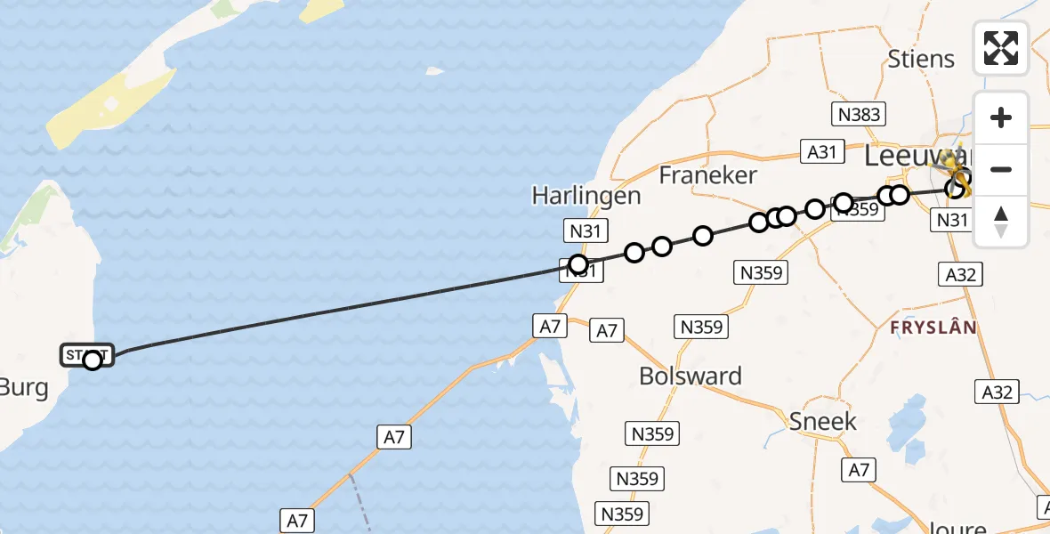 Vluchtroute Ambulancehelikopter van Oosterend naar Leeuwarden Medical Center Heliport