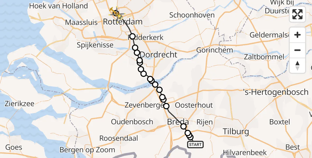 Vluchtroute Traumahelikopter van Chaam naar Rotterdam The Hague Airport