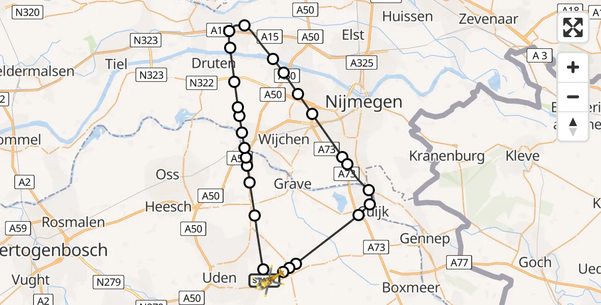 Vluchtroute Traumahelikopter van Vliegbasis Volkel naar Vliegbasis Volkel
