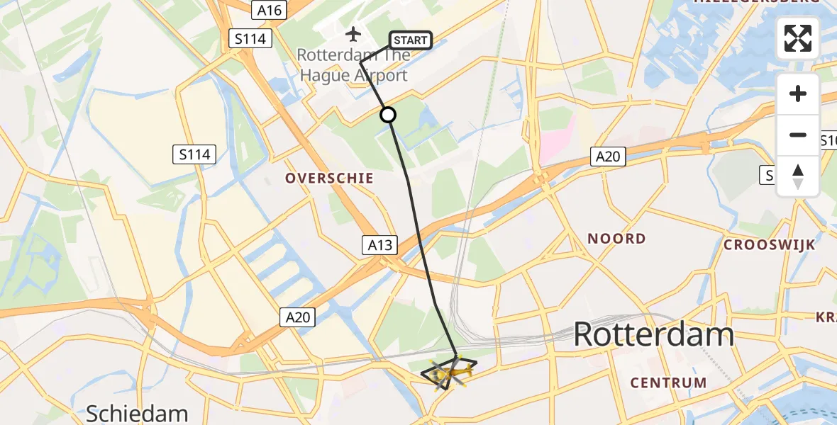 Vluchtroute Traumahelikopter van Rotterdam The Hague Airport naar Rotterdam