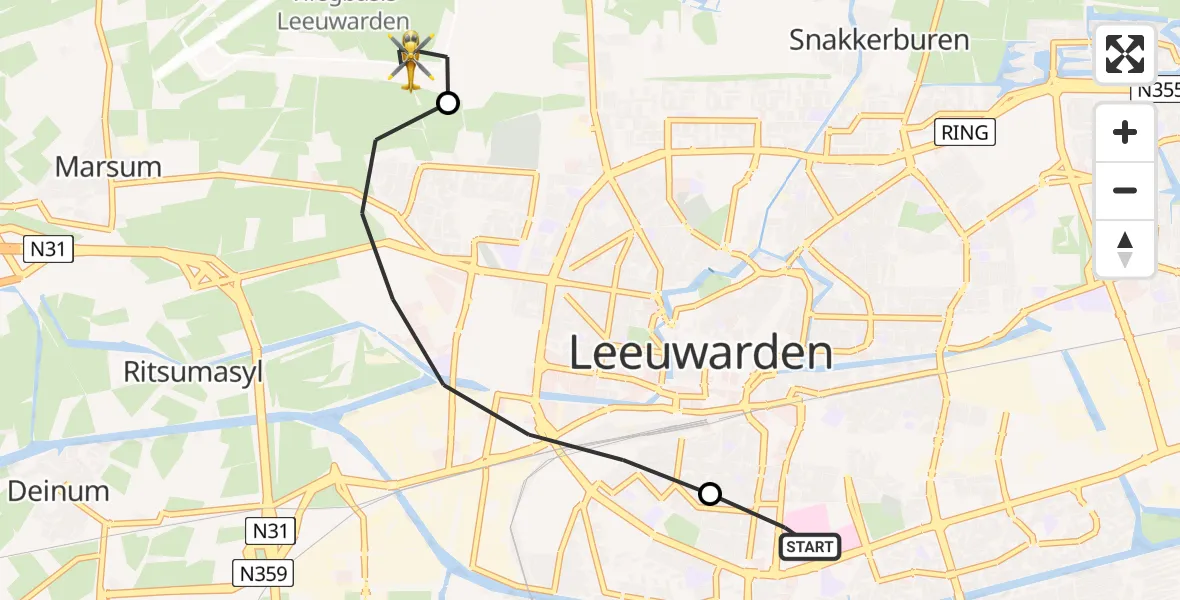 Vluchtroute Ambulancehelikopter van Leeuwarden Medical Center Heliport naar Vliegbasis Leeuwarden