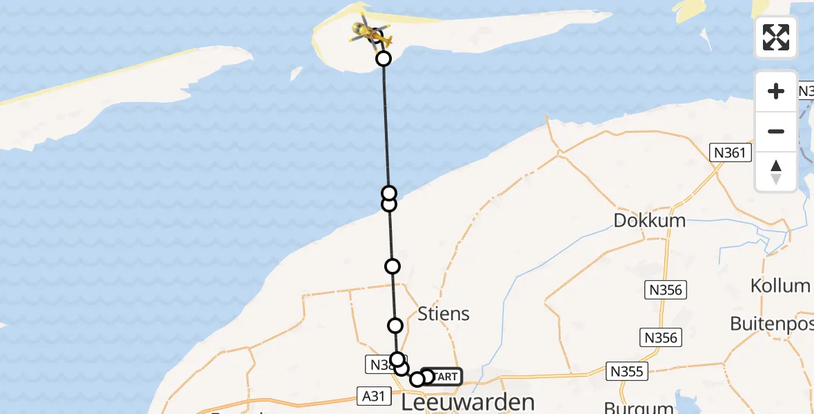 Vluchtroute Ambulancehelikopter van Vliegbasis Leeuwarden naar Ameland Vliegveld Ballum