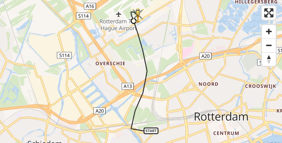Vluchtroute Traumahelikopter van Rotterdam naar Rotterdam The Hague Airport