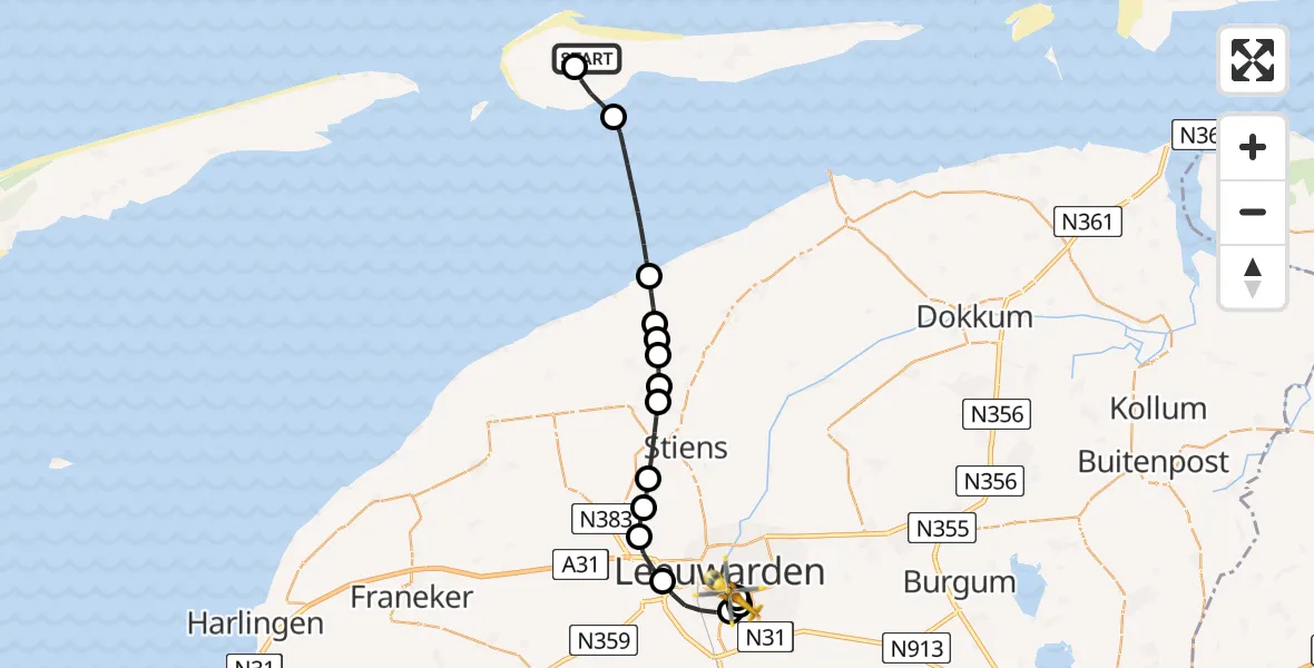 Vluchtroute Ambulancehelikopter van Ameland Vliegveld Ballum naar Leeuwarden Medical Center Heliport