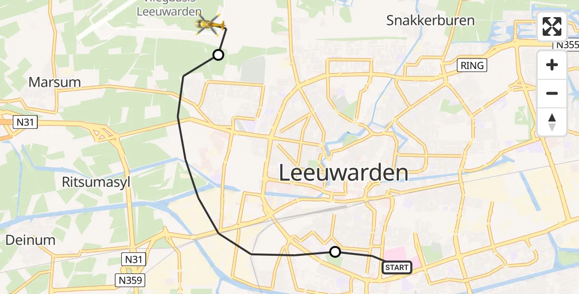 Vluchtroute Ambulancehelikopter van Leeuwarden Medical Center Heliport naar Vliegbasis Leeuwarden