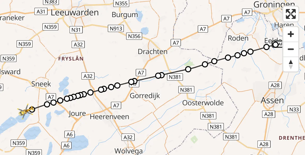 Vluchtroute Traumahelikopter van Groningen Airport Eelde naar Heeg