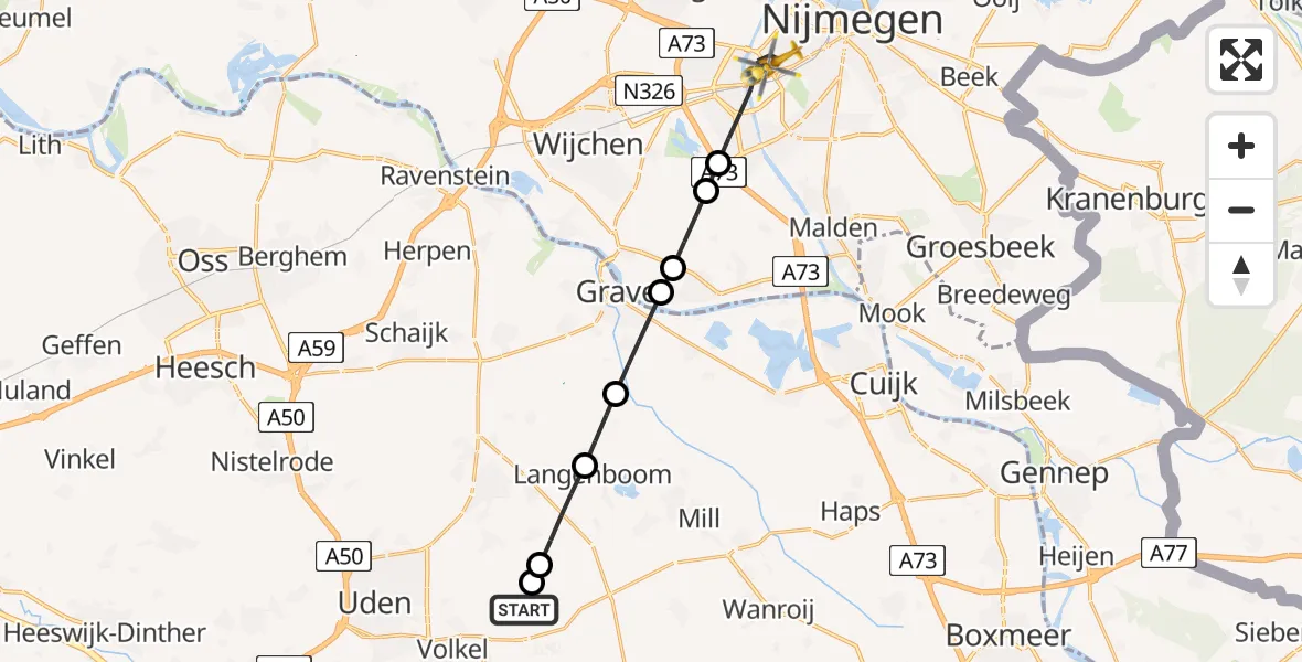 Vluchtroute Traumahelikopter van Vliegbasis Volkel naar Nijmegen