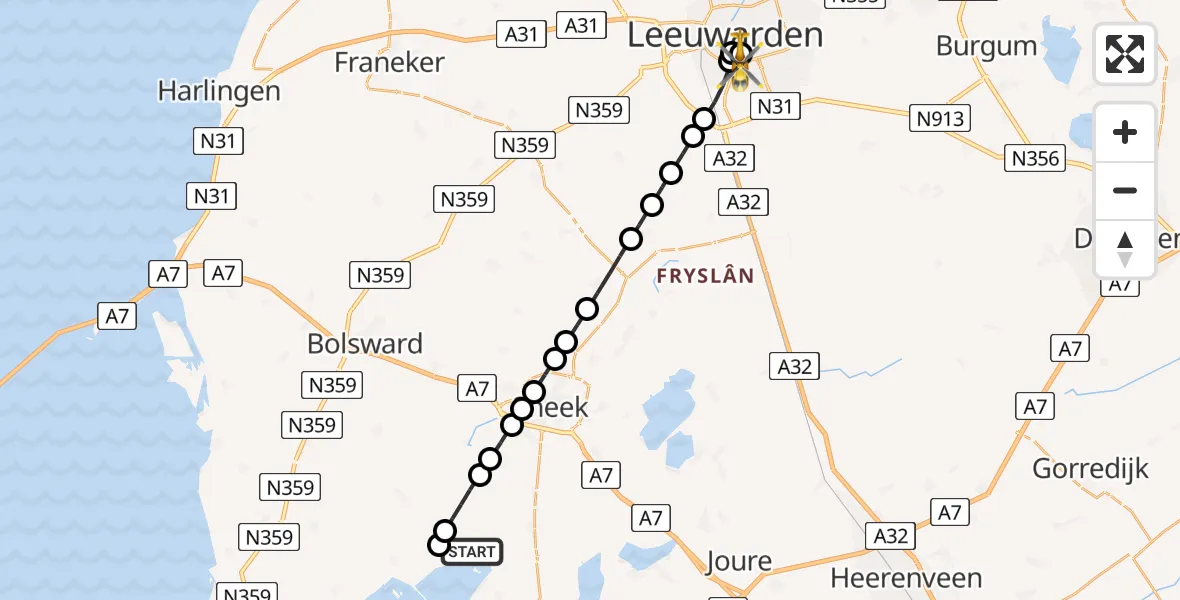 Vluchtroute Traumahelikopter van Heeg naar Leeuwarden Medical Center Heliport