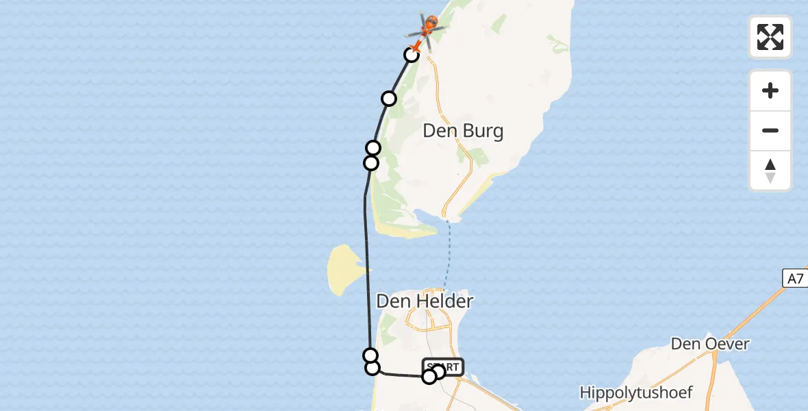 Vluchtroute Kustwachthelikopter van Militair vliegveld De Kooy / Den Helder Airport naar Noordzee
