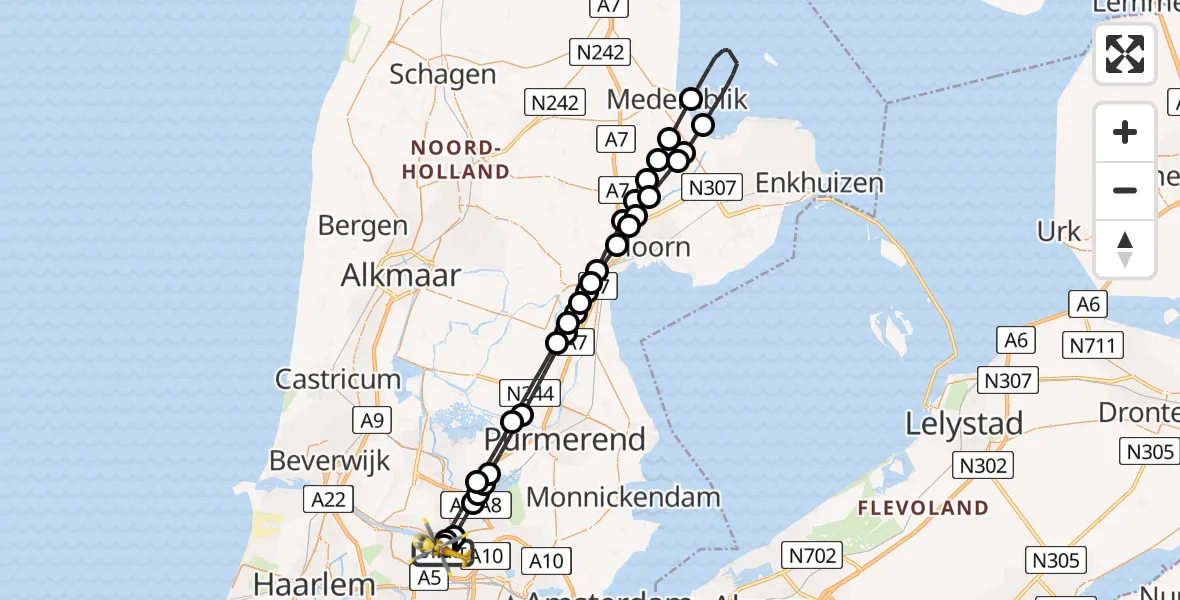 Vluchtroute Traumahelikopter van Amsterdam Heliport naar Amsterdam Heliport