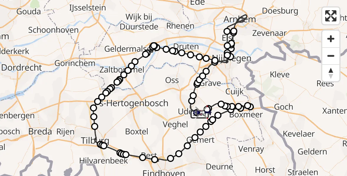Vluchtroute Politiehelikopter van Vliegbasis Volkel naar Vliegbasis Volkel