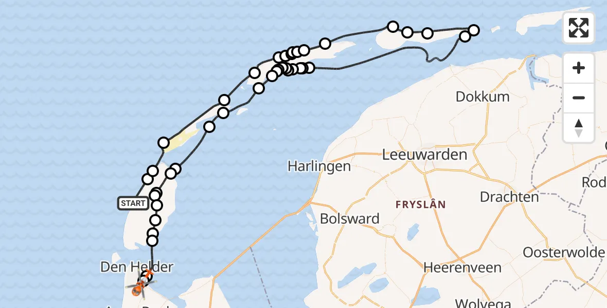 Vluchtroute Kustwachthelikopter van Noordzee naar Militair vliegveld De Kooy / Den Helder Airport