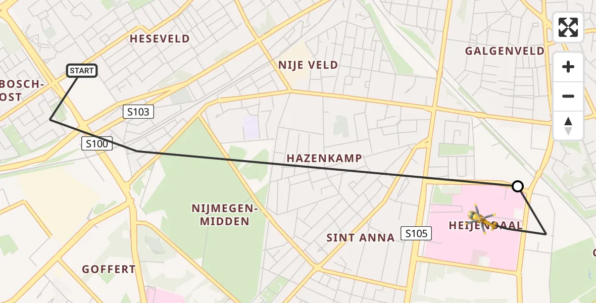 Vluchtroute Traumahelikopter van Nijmegen naar Radboud University Medical Center Heliport