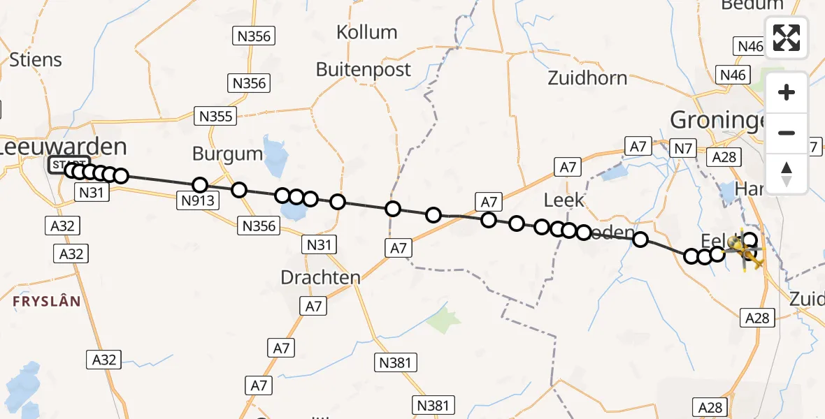 Vluchtroute Traumahelikopter van Leeuwarden Medical Center Heliport naar Groningen Airport Eelde