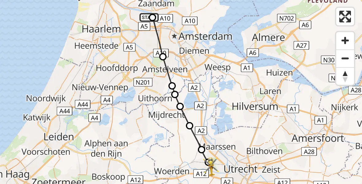 Vluchtroute Traumahelikopter van Amsterdam Heliport naar Vleuten