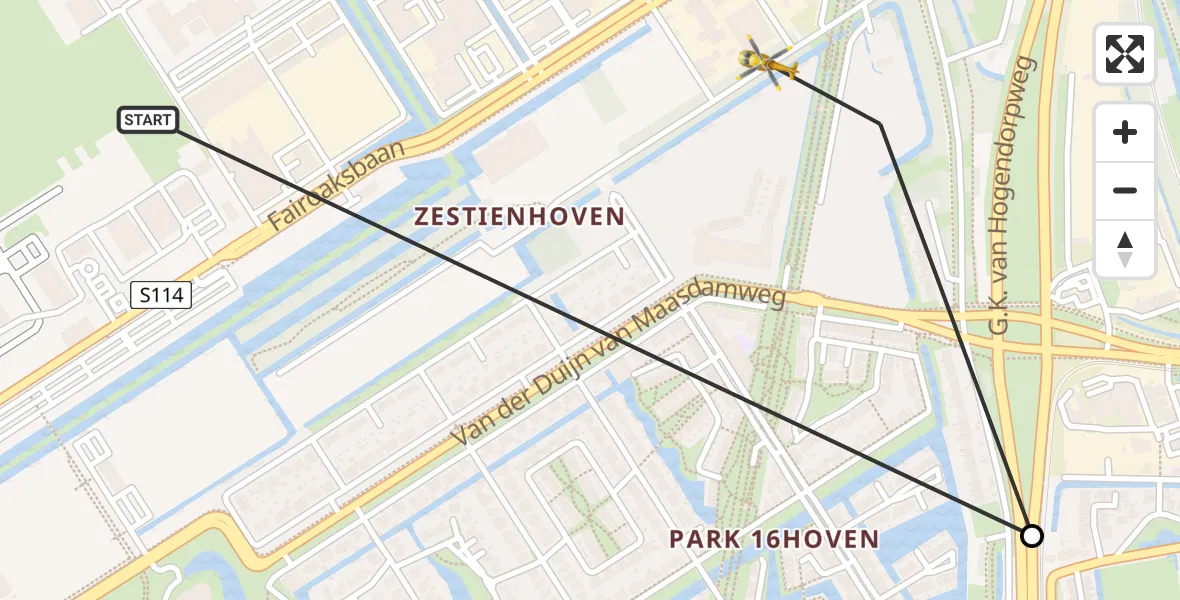 Vluchtroute Traumahelikopter van Rotterdam The Hague Airport naar Rotterdam