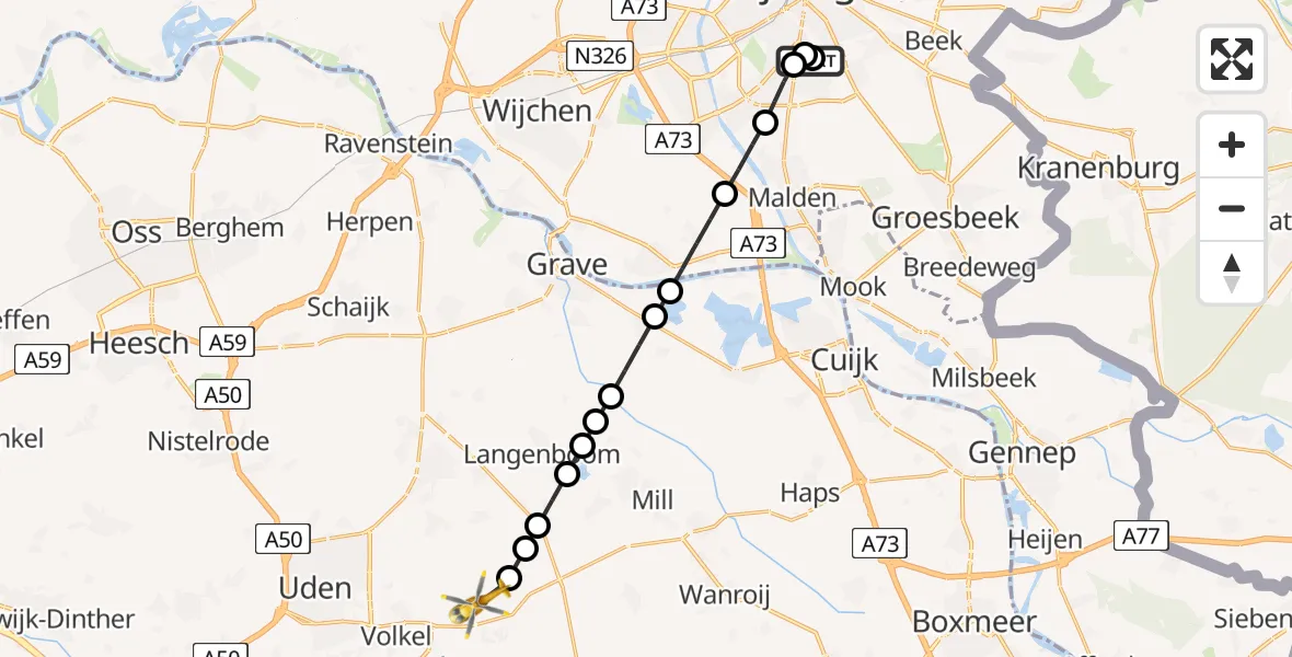 Vluchtroute Traumahelikopter van Radboud Universitair Medisch Centrum naar Vliegbasis Volkel