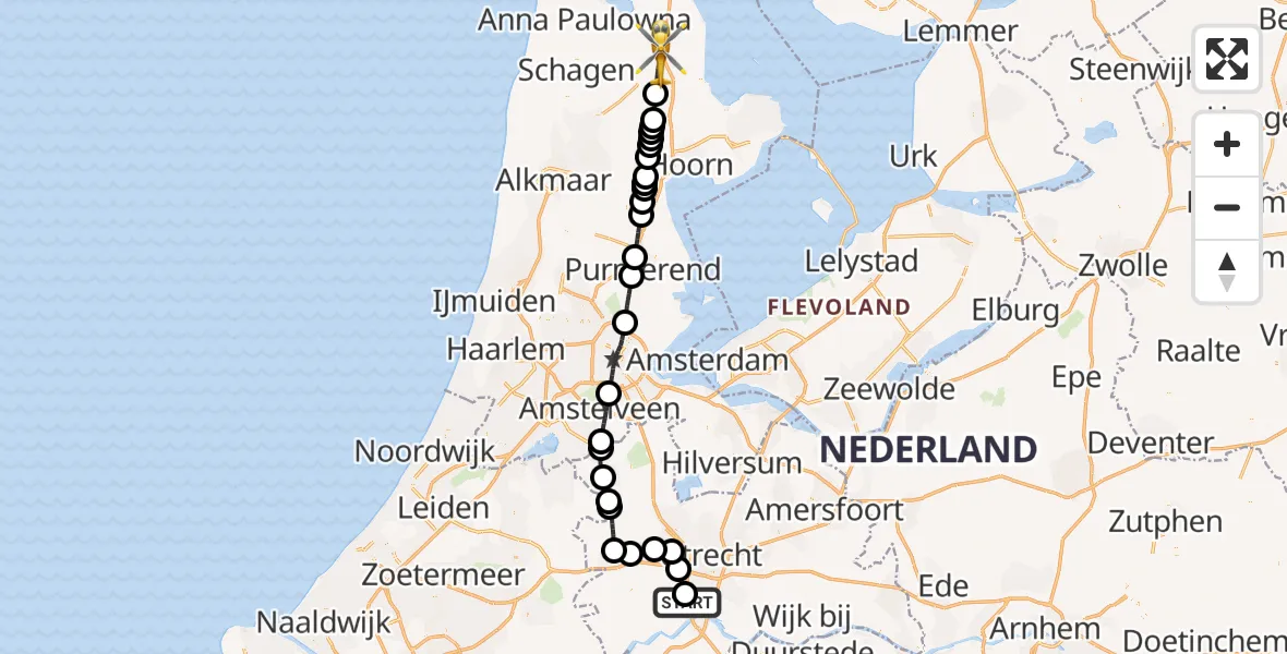 Vluchtroute Traumahelikopter van Nieuwegein naar Middenmeer