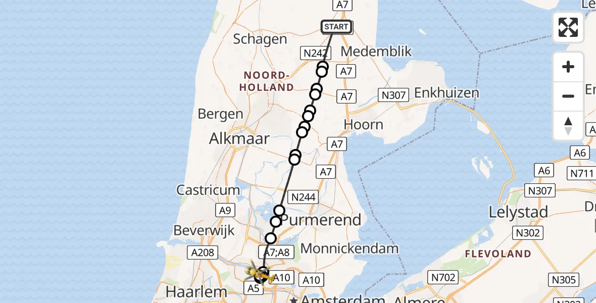 Vluchtroute Traumahelikopter van Middenmeer naar Amsterdam Heliport