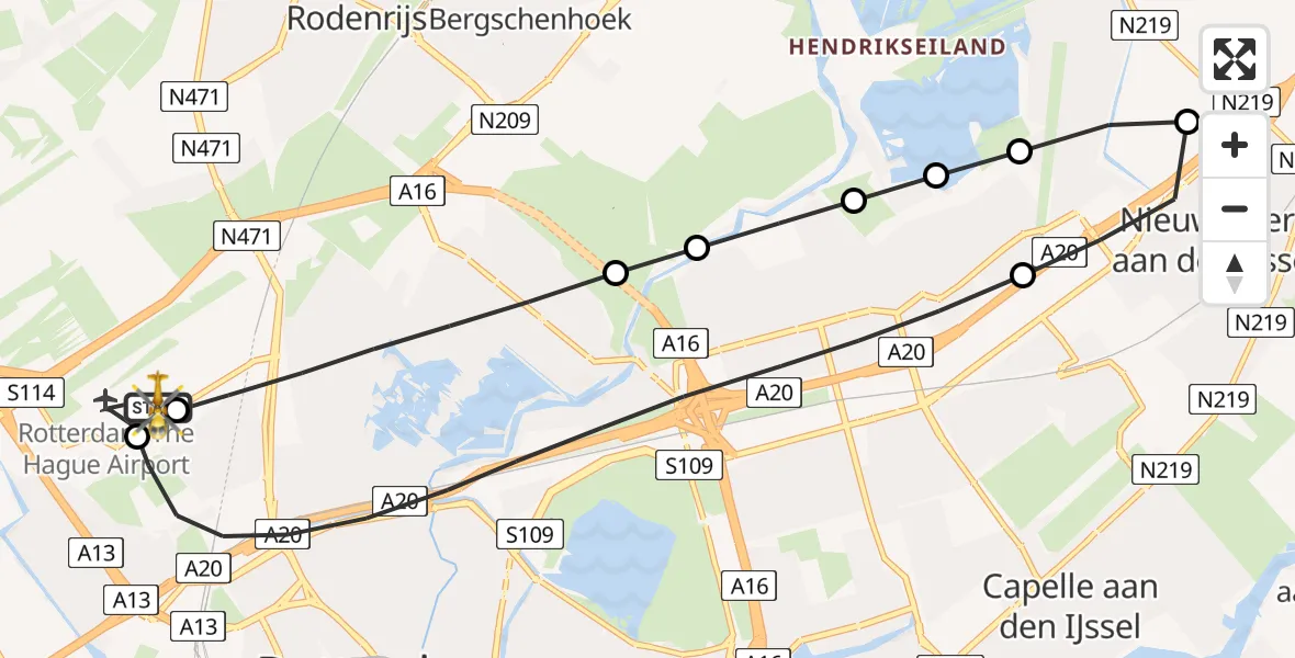 Vluchtroute Traumahelikopter van Rotterdam The Hague Airport naar Rotterdam The Hague Airport