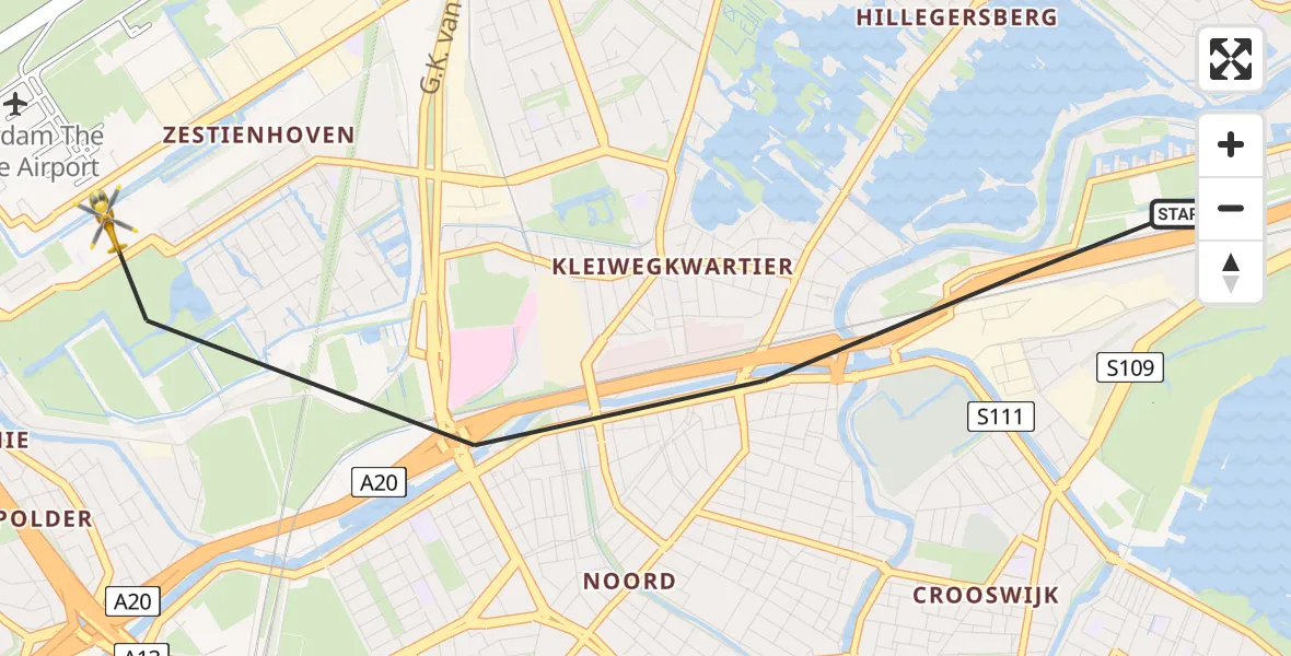 Vluchtroute Traumahelikopter van Rotterdam naar Rotterdam
