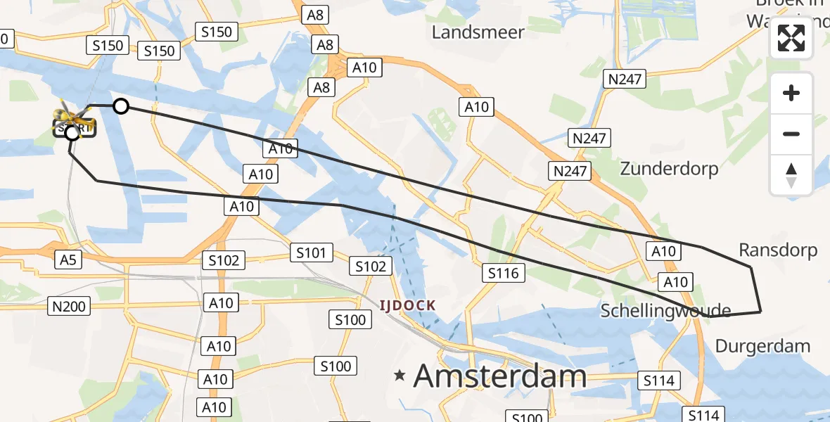 Vluchtroute Traumahelikopter van Amsterdam Heliport naar Amsterdam Heliport