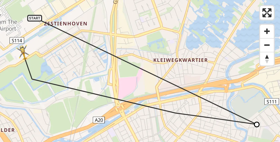 Vluchtroute Traumahelikopter van Rotterdam The Hague Airport naar Rotterdam