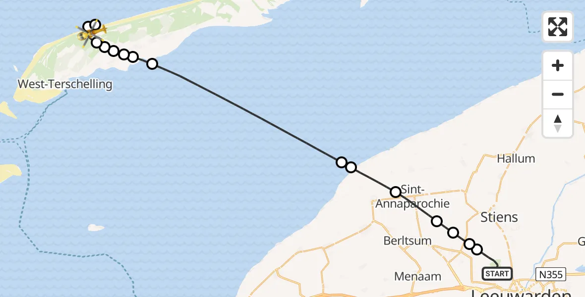 Vluchtroute Ambulancehelikopter van Vliegbasis Leeuwarden naar West-Terschelling
