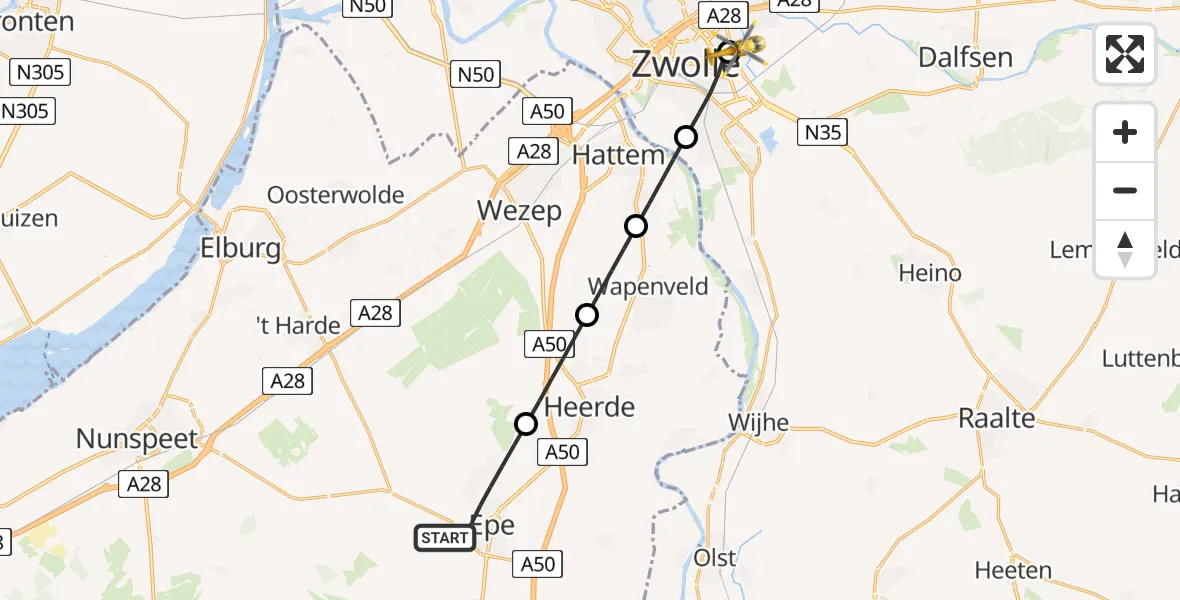 Vluchtroute Traumahelikopter van Epe naar Isala Hospital Zwolle Heliport
