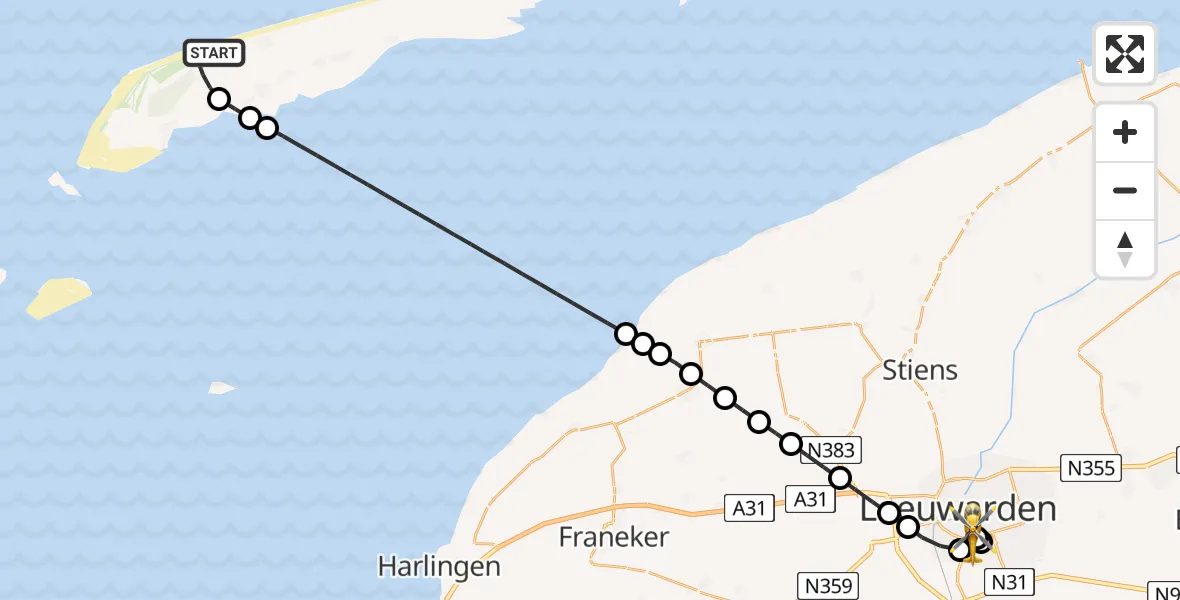 Vluchtroute Ambulancehelikopter van West-Terschelling naar Leeuwarden Medical Center Heliport