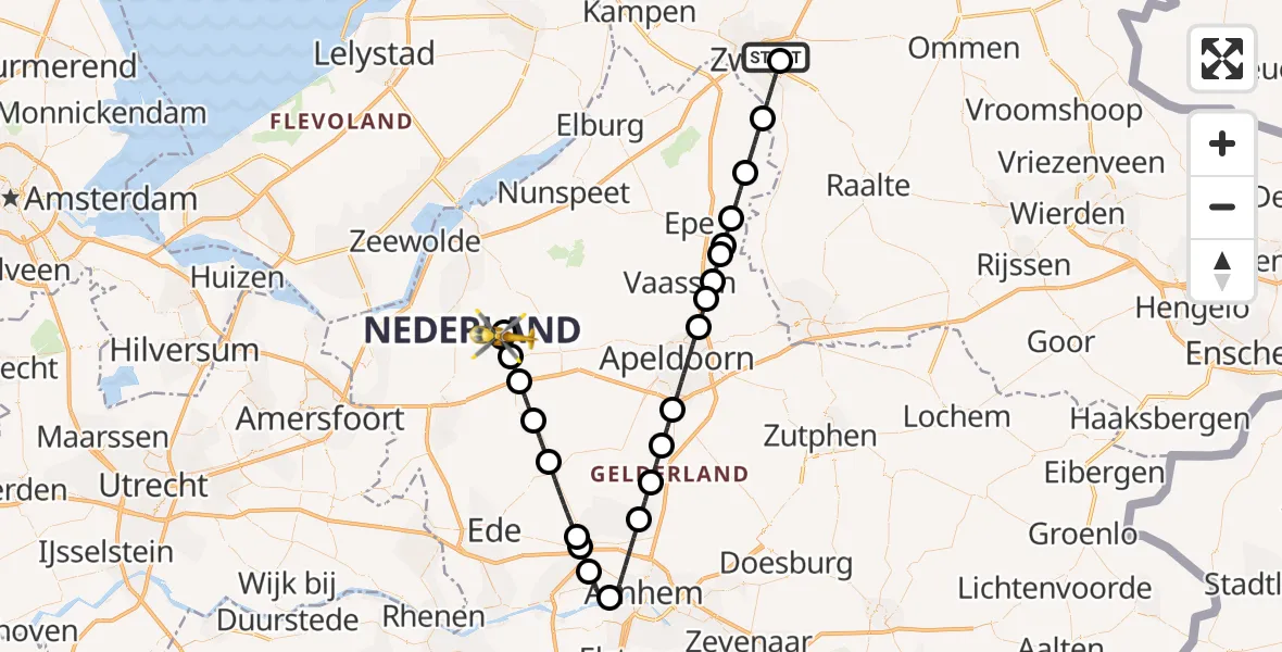 Vluchtroute Traumahelikopter van Isala Hospital Zwolle Heliport naar Garderen