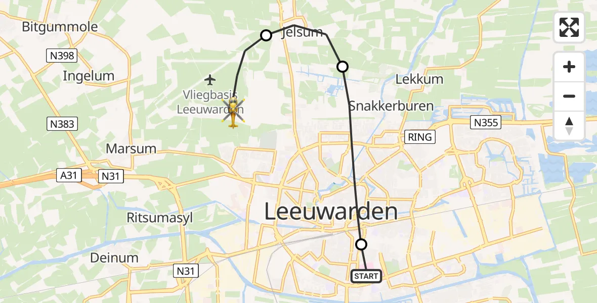 Vluchtroute Ambulancehelikopter van Leeuwarden Medical Center Heliport naar Vliegbasis Leeuwarden