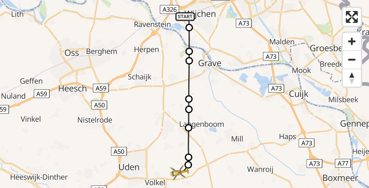 Vluchtroute Traumahelikopter van Wijchen naar Vliegbasis Volkel