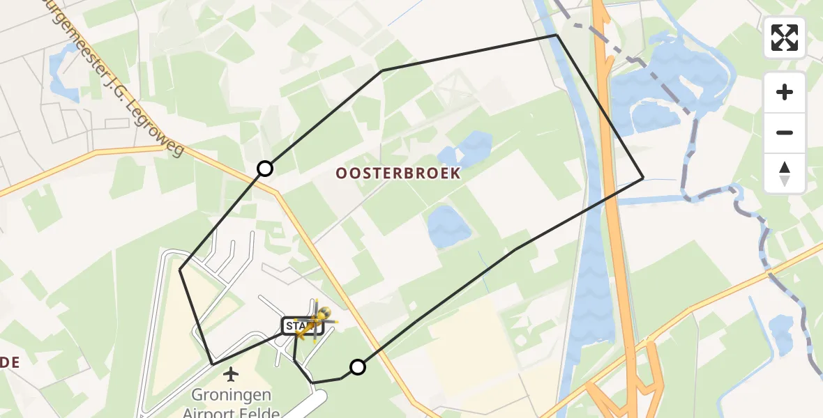 Vluchtroute Traumahelikopter van Groningen Airport Eelde naar Groningen Airport Eelde