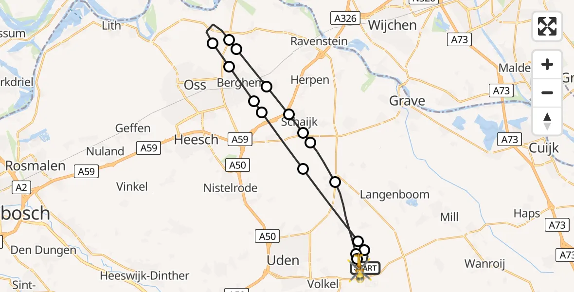 Vluchtroute Traumahelikopter van Vliegbasis Volkel naar Vliegbasis Volkel