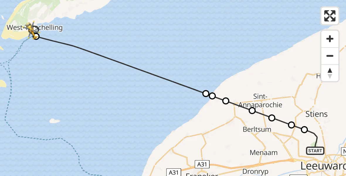 Vluchtroute Ambulancehelikopter van Vliegbasis Leeuwarden naar West-Terschelling