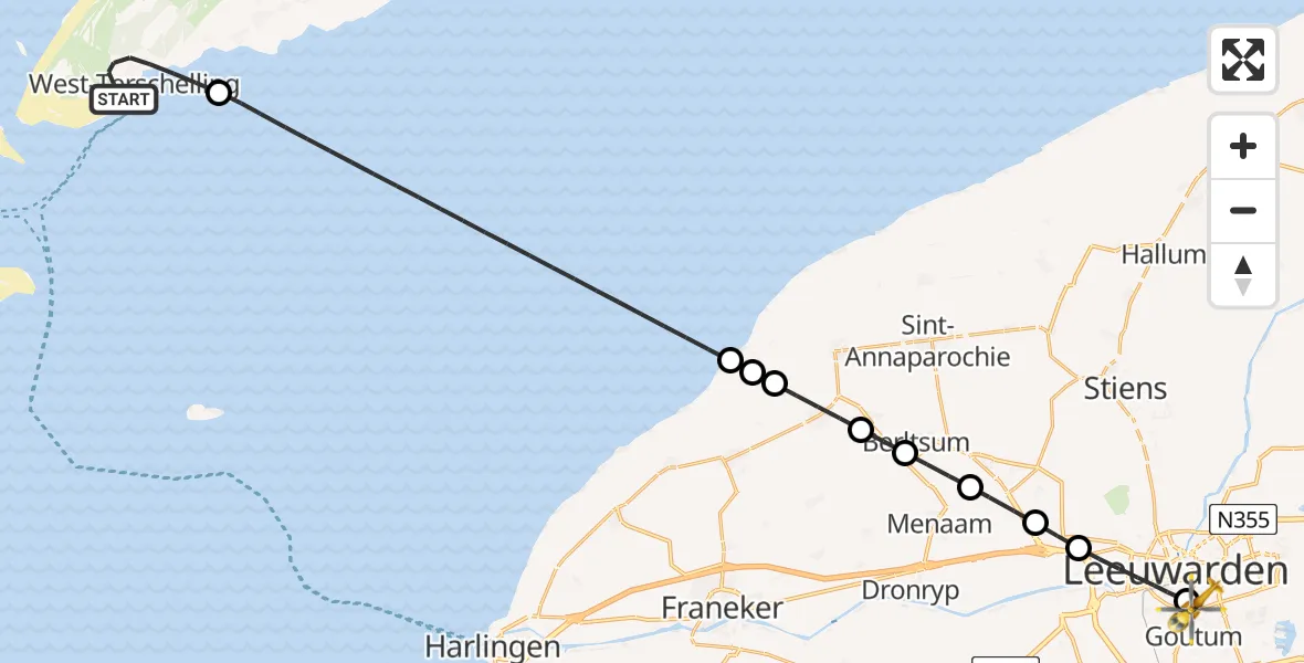 Vluchtroute Ambulancehelikopter van West-Terschelling naar Leeuwarden Medical Center Heliport