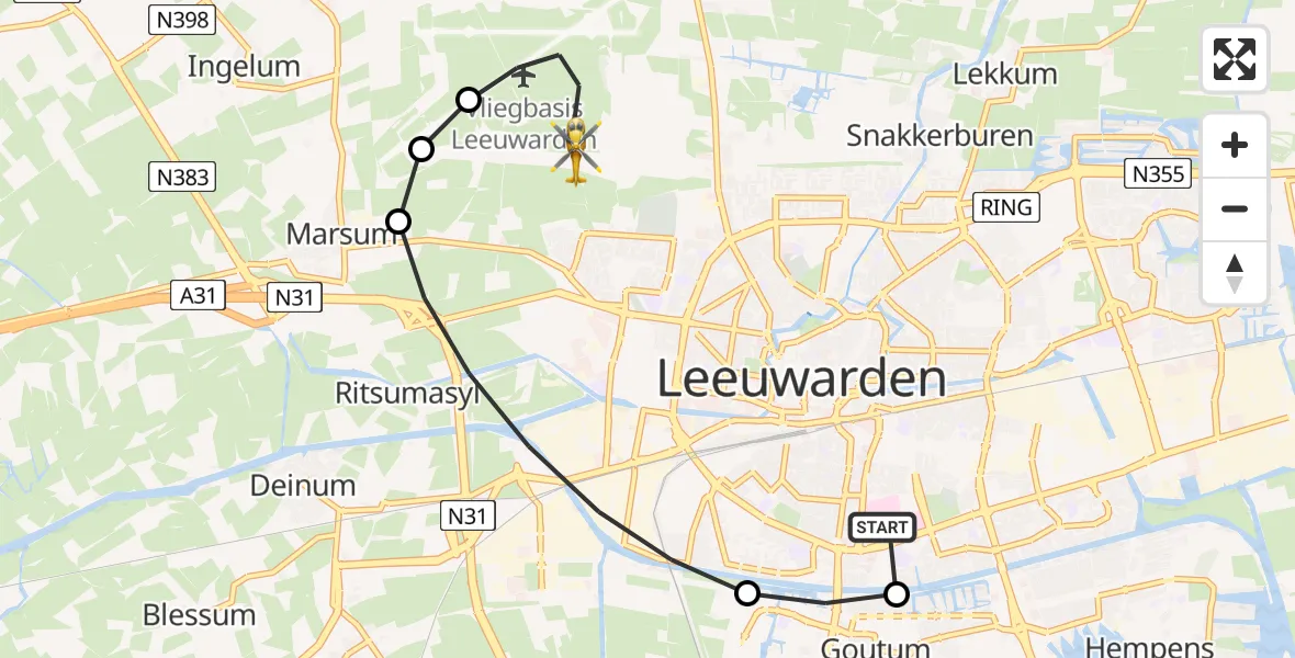 Vluchtroute Ambulancehelikopter van Leeuwarden Medical Center Heliport naar Vliegbasis Leeuwarden
