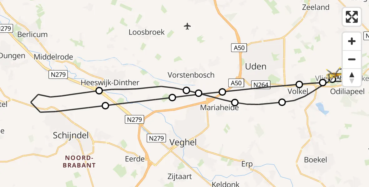 Vluchtroute Traumahelikopter van Vliegbasis Volkel naar Vliegbasis Volkel