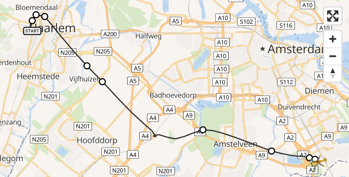 Vluchtroute Traumahelikopter van Haarlem naar Amsterdam UMC Helipad