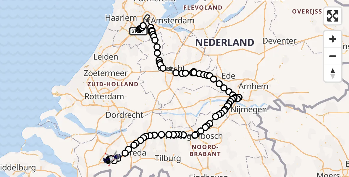 Vluchtroute Politiehelikopter van Amsterdam Vliegveld Schiphol naar Breda International Airport
