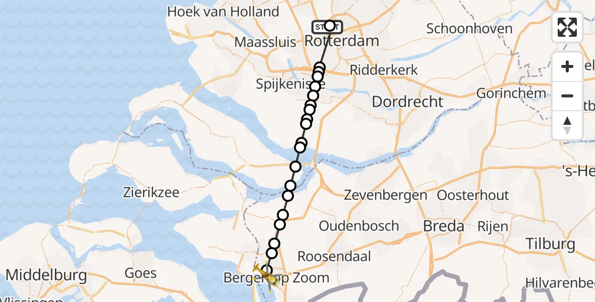 Vluchtroute Traumahelikopter van Rotterdam The Hague Airport naar Bergen op Zoom