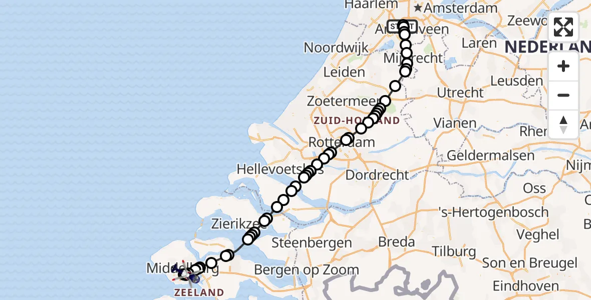 Vluchtroute Politiehelikopter van Amsterdam Vliegveld Schiphol naar Ritthem