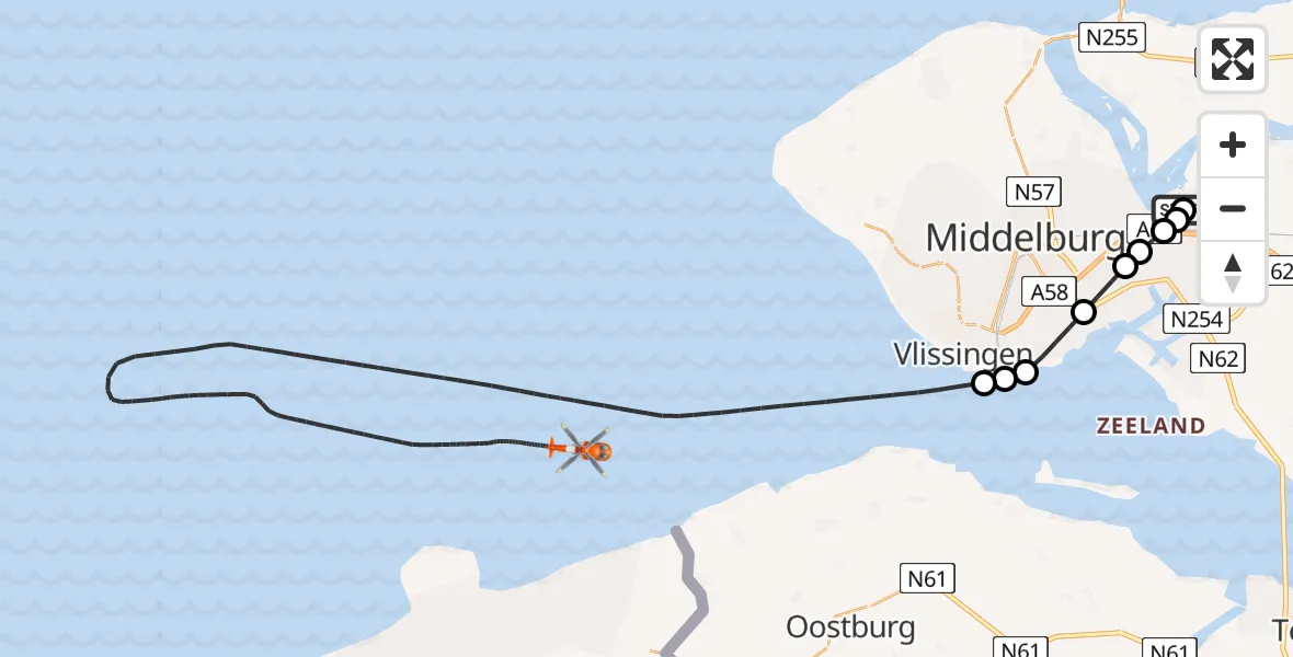 Vluchtroute Kustwachthelikopter van Vliegveld Midden-Zeeland naar Noordzee