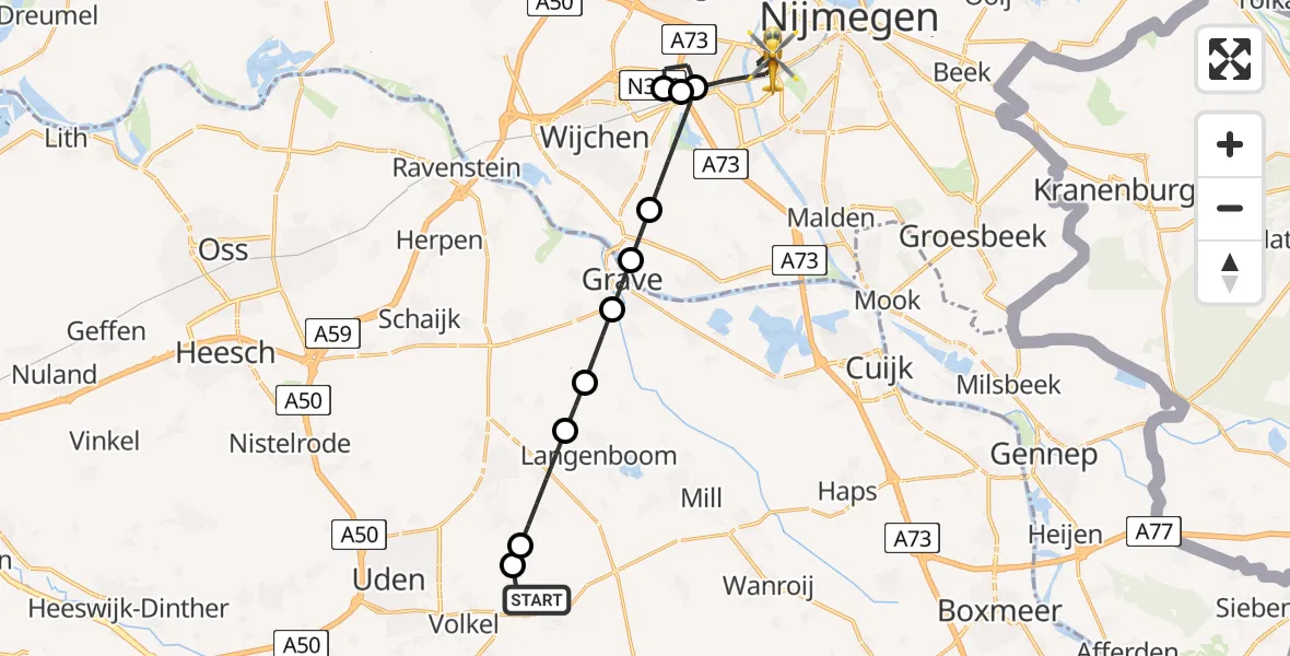 Vluchtroute Traumahelikopter van Vliegbasis Volkel naar Nijmegen