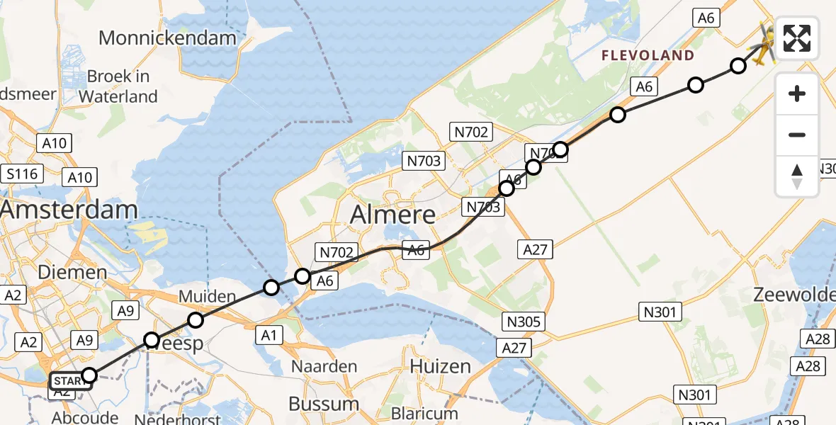 Vluchtroute Traumahelikopter van Amsterdam UMC Helipad naar Lelystad Airport