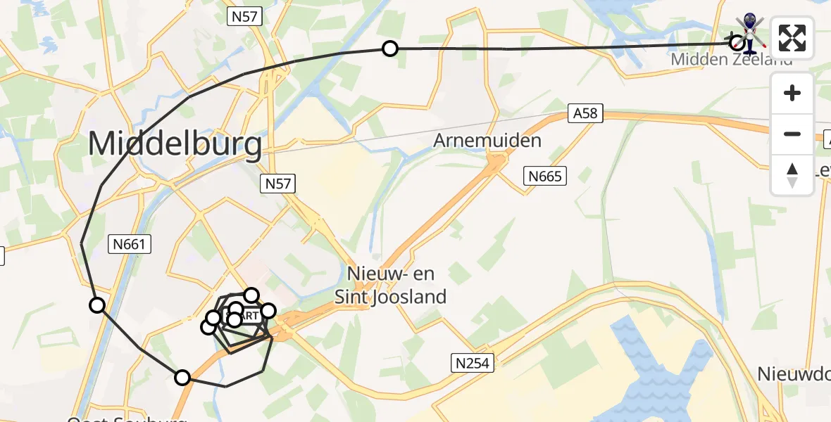 Vluchtroute Politiehelikopter van Ritthem naar Vliegveld Midden-Zeeland