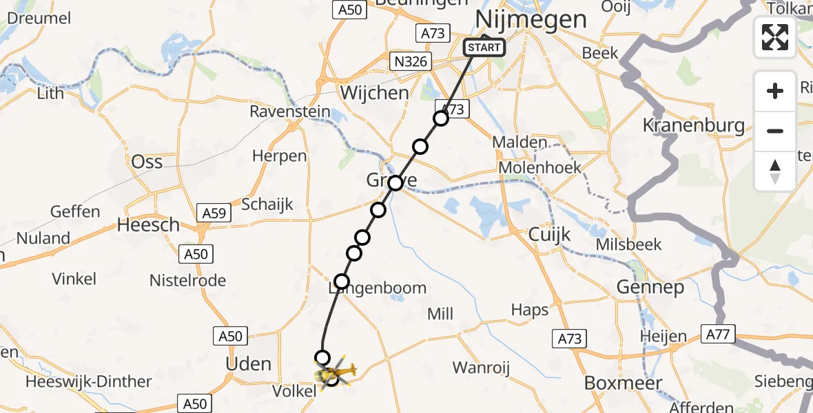Vluchtroute Traumahelikopter van Nijmegen naar Vliegbasis Volkel