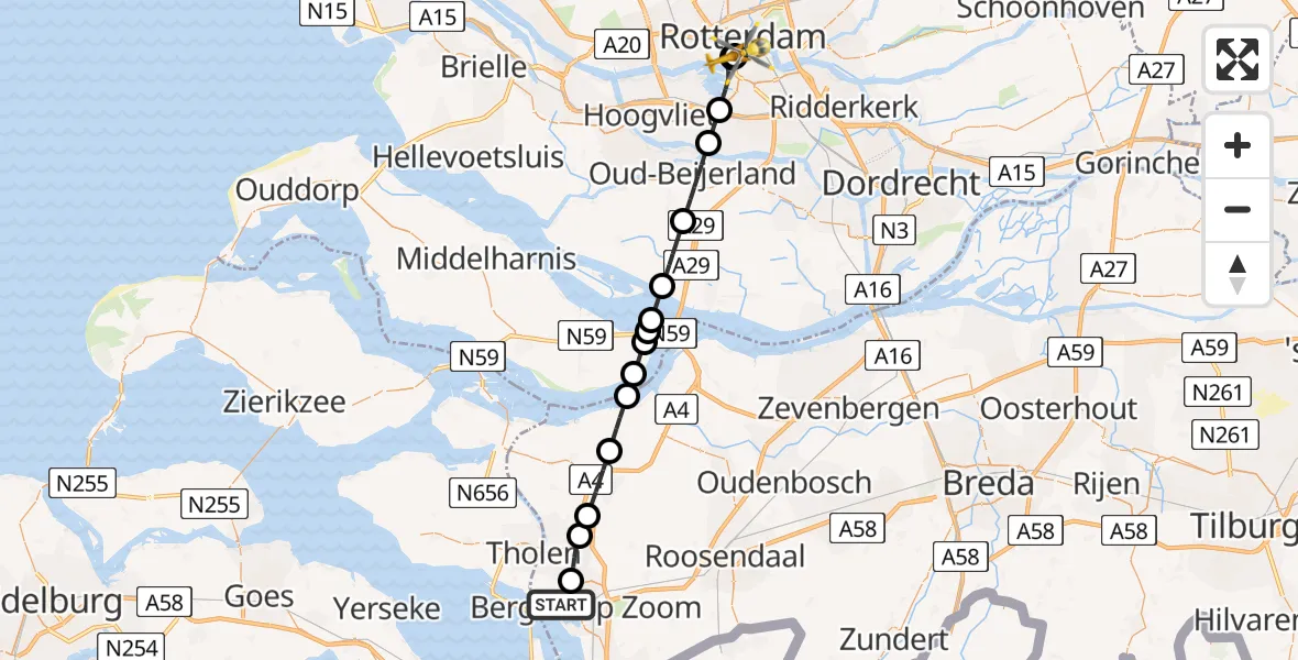 Vluchtroute Traumahelikopter van Bergen op Zoom naar Erasmus MC