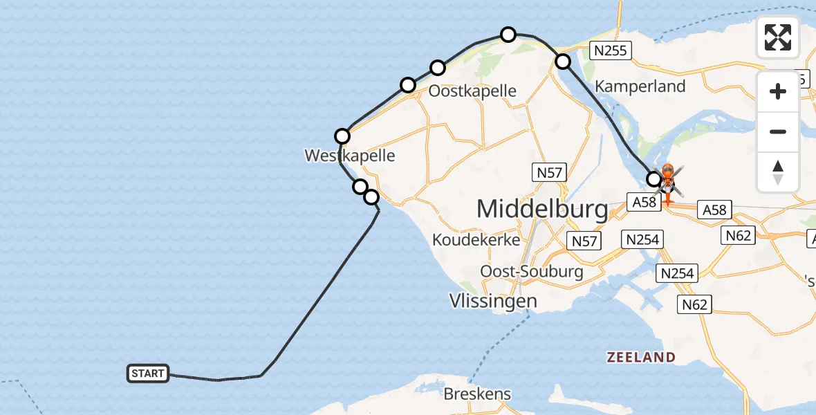 Vluchtroute Kustwachthelikopter van Noordzee naar Vliegveld Midden-Zeeland